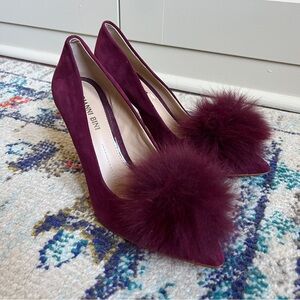 Gianni Bini Dorindah Burgundy Suede Pumps with Real Fox Fur Pom Pom Details 8.5
